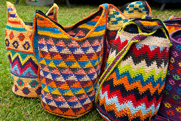 Women Fashion Accessories - Various Items Of Crocheted Bucket Style Handbags - Wayuu Handcrafted Mochilas Woolen Bags - Street Market
