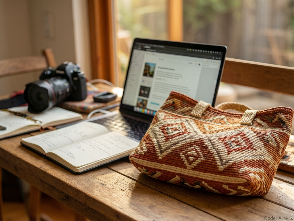 Content creator workspace with Wayuu bag