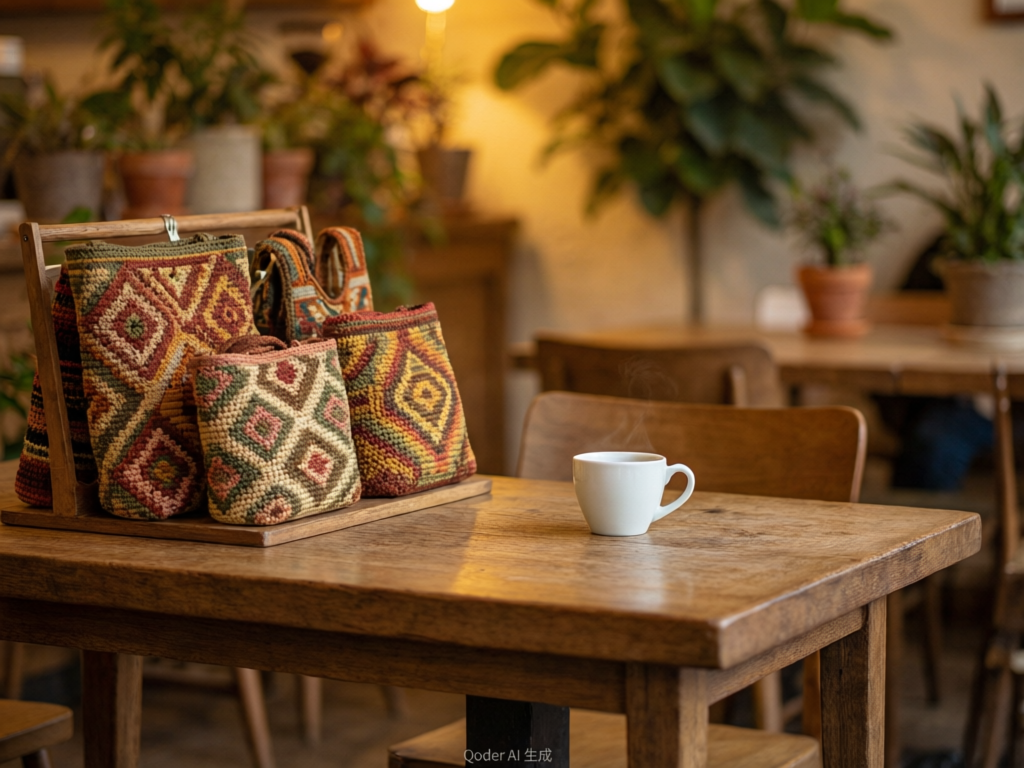 Independent cafe with Wayuu bags on display