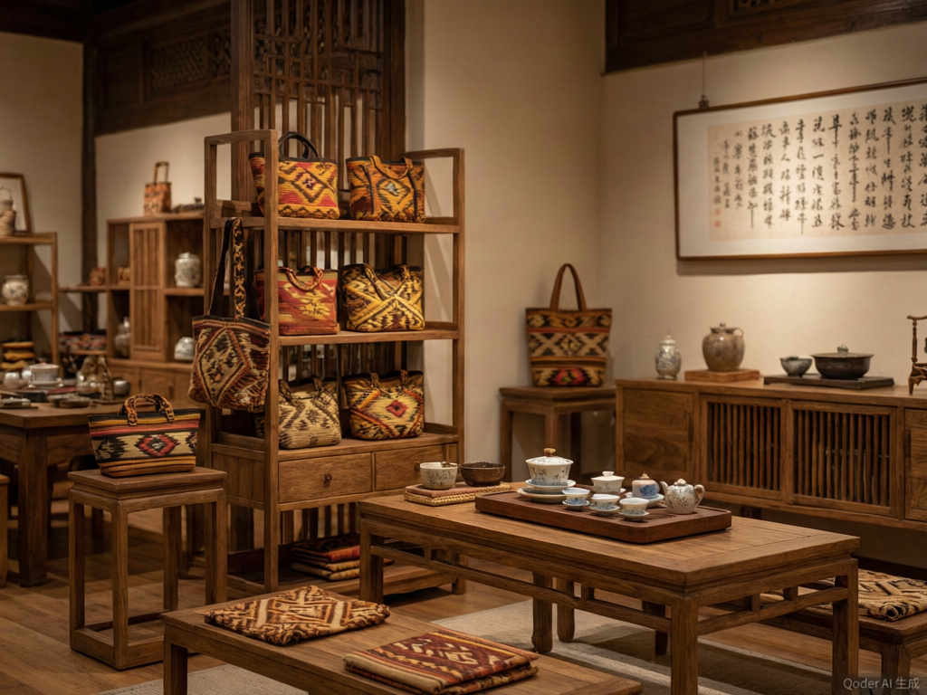 Chinese-style craft salon with Wayuu bags
