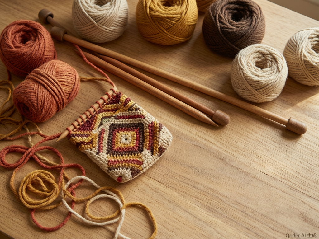 Craft materials and Wayuu bag on workspace