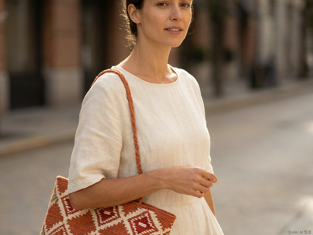 Fashion blogger styling with Wayuu bag